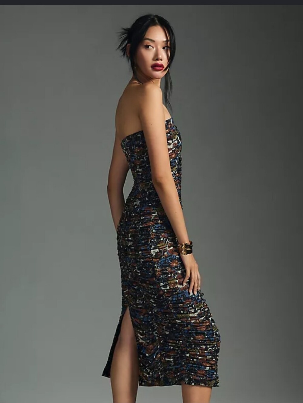 Anthropologie Strapless Ruched Maxi Skirt in Brown and Navy Floral
